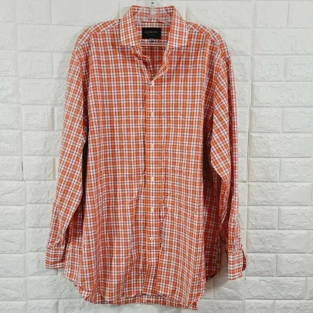 Ledbury Men's 17.5 Button Down Shirt Long Sleeve Collared Neck Coral/White